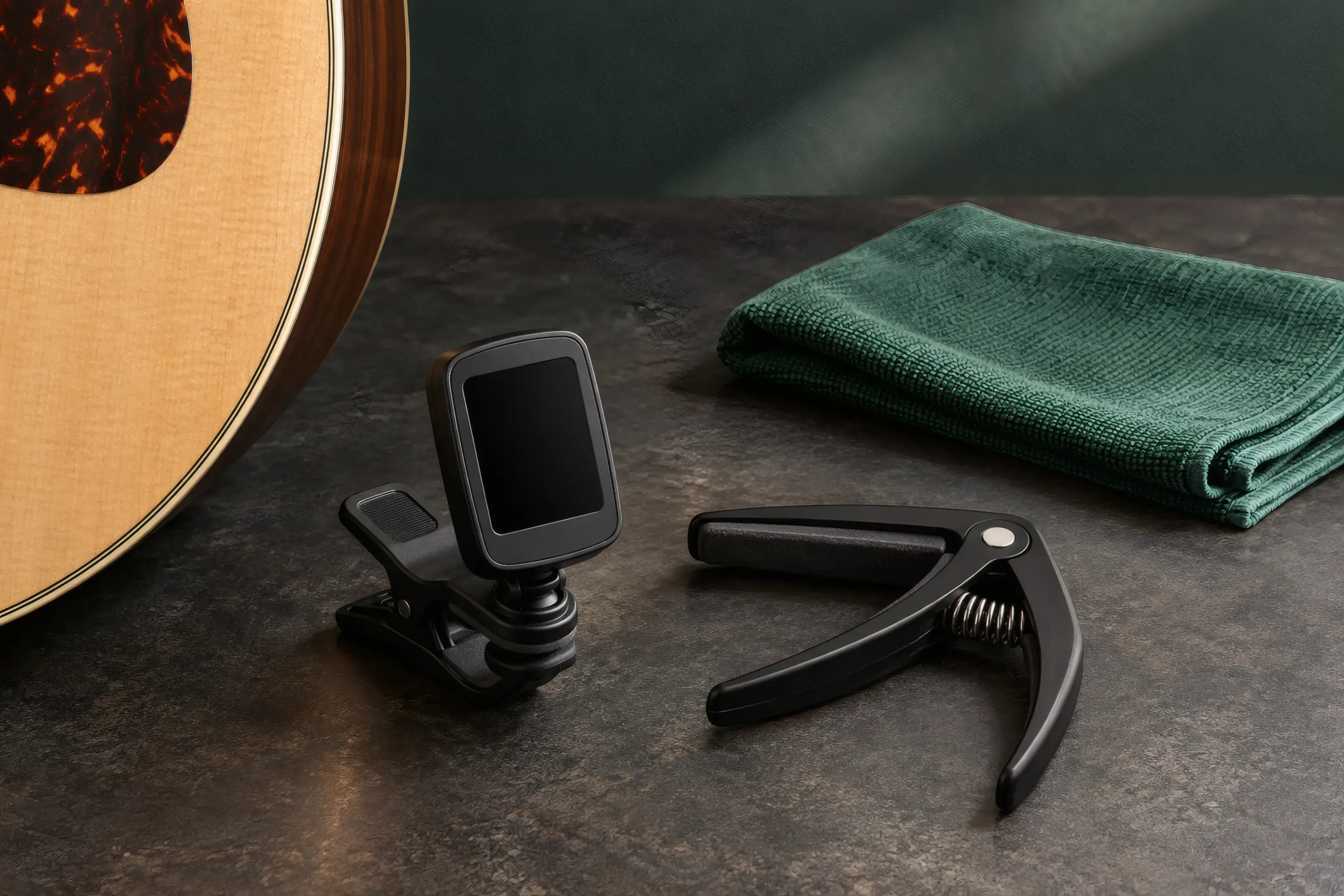 Clip-on tuner, capo and microfiber cloth beside an acoustic guitar