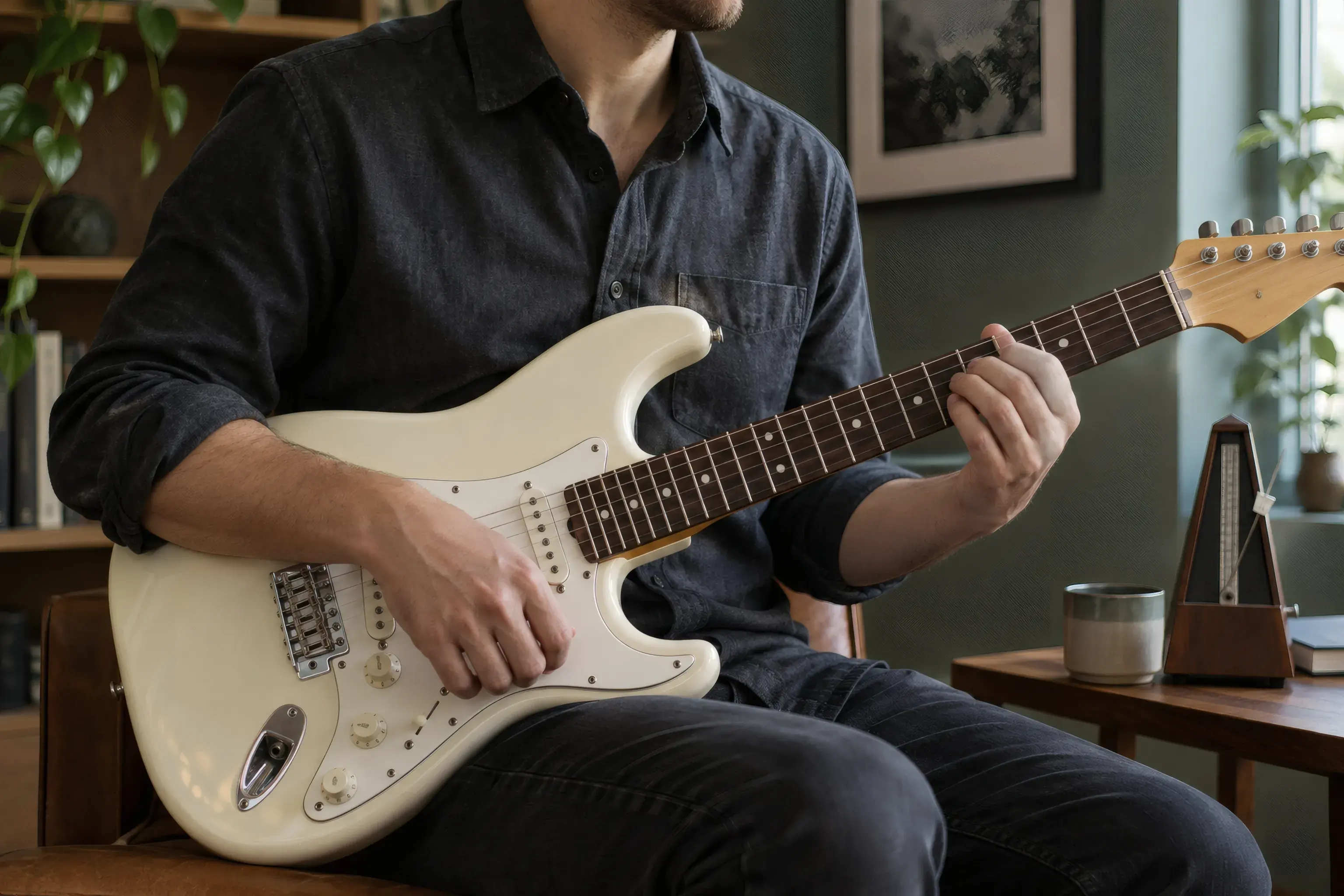 A seated guitarist taking a relaxed break during barre-chord practice