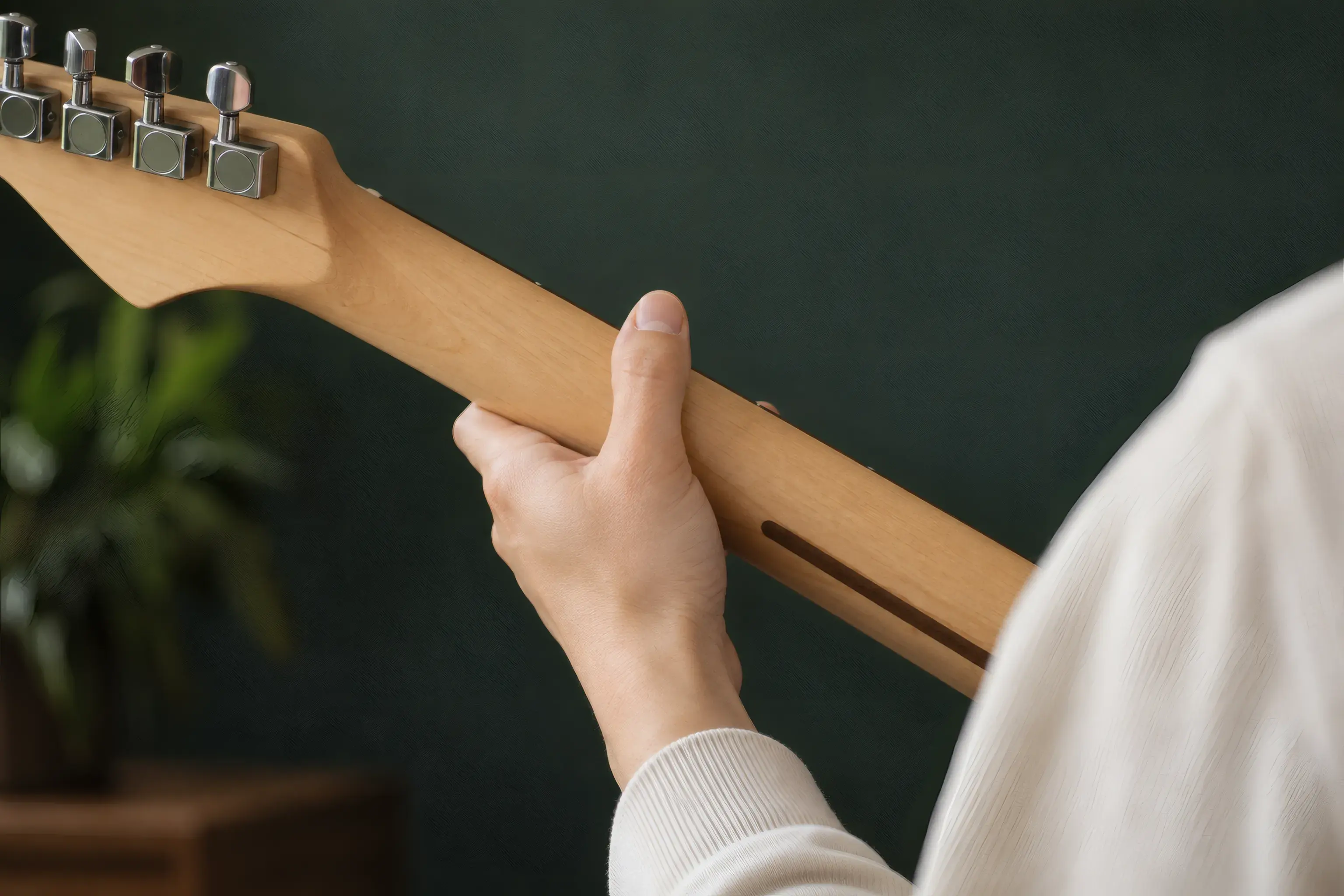 Thumb resting behind the guitar neck with a relaxed wrist