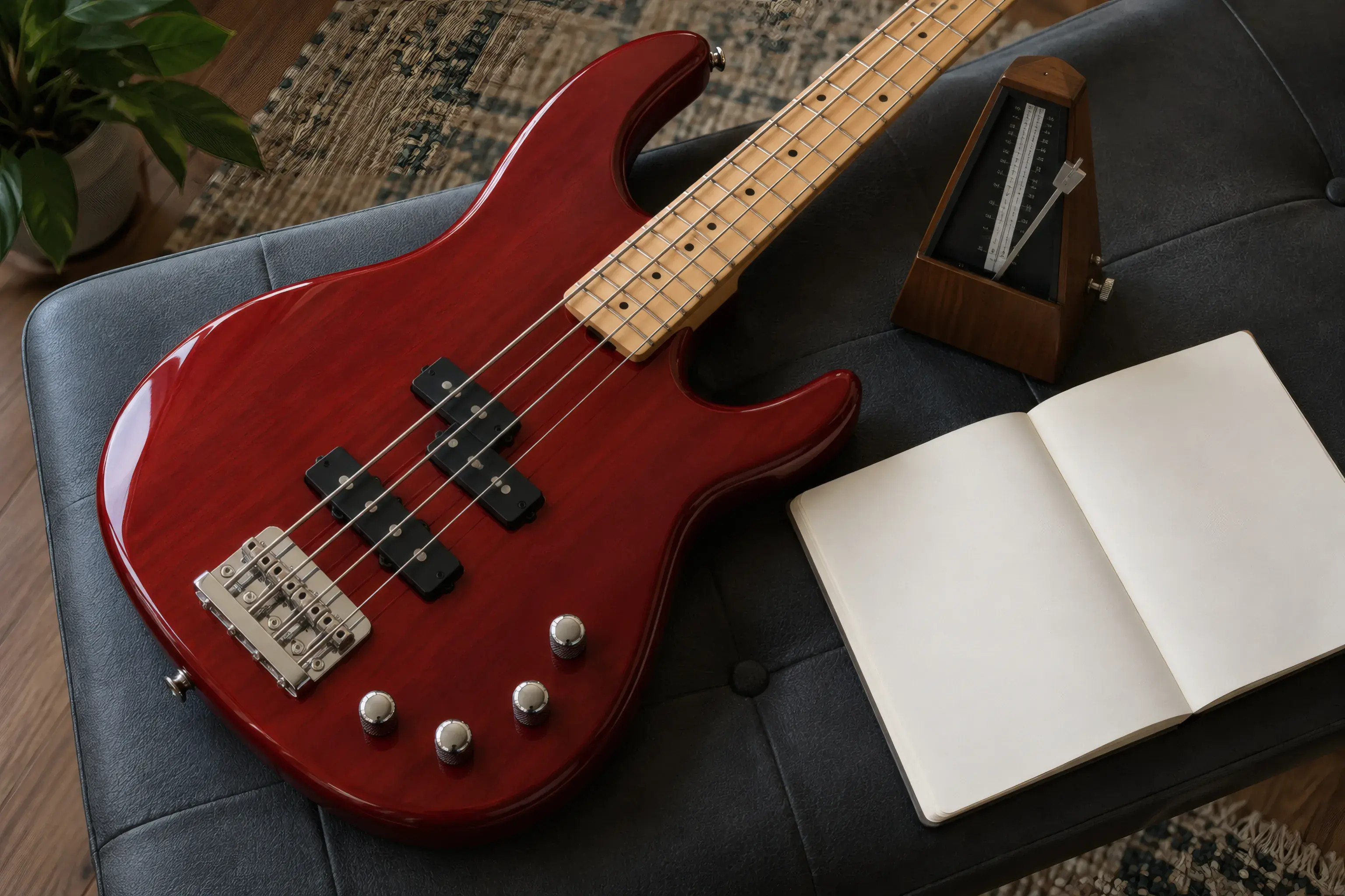 Four-string bass beside a metronome and practice notebook