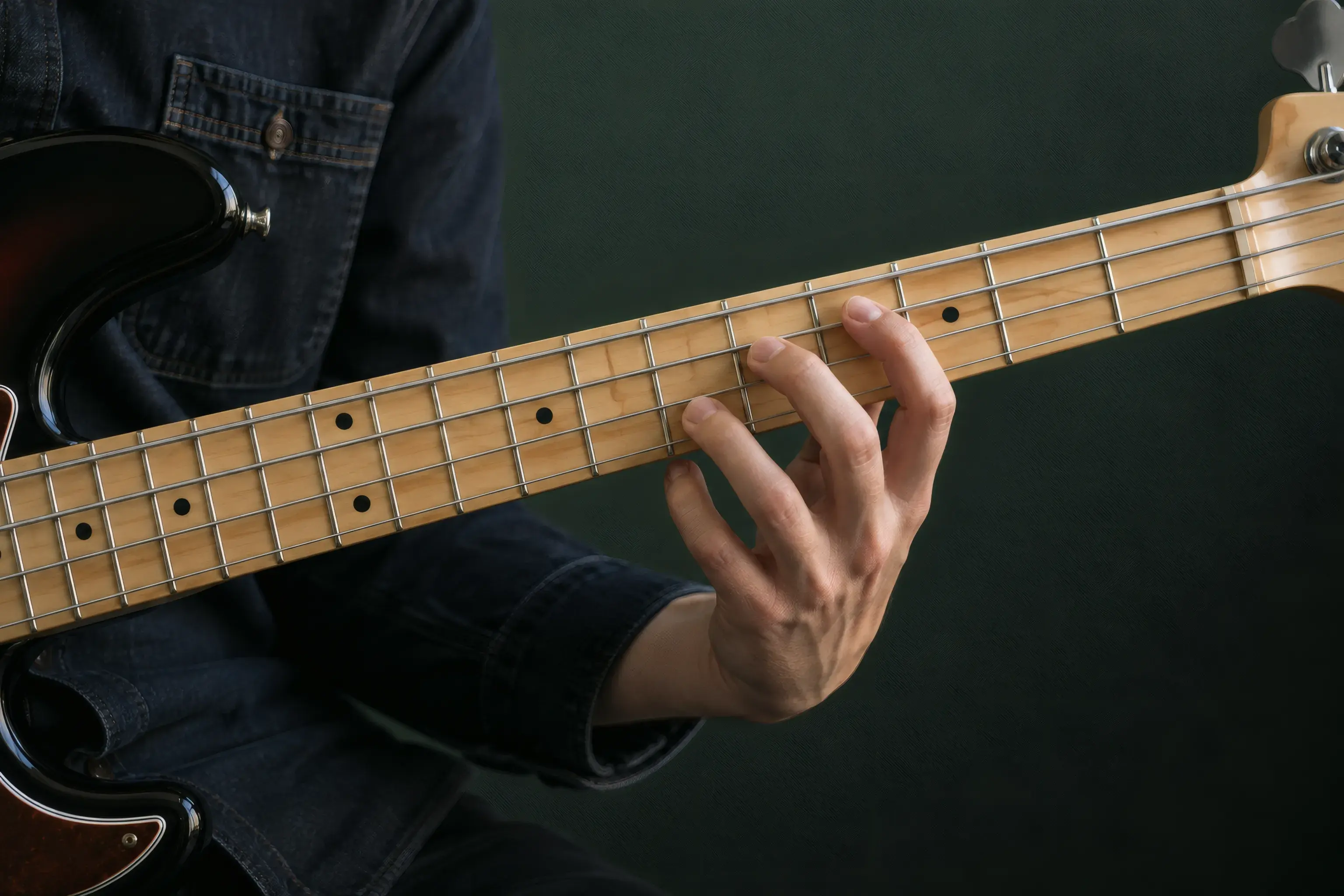 A relaxed fretting hand practicing on a four-string bass neck