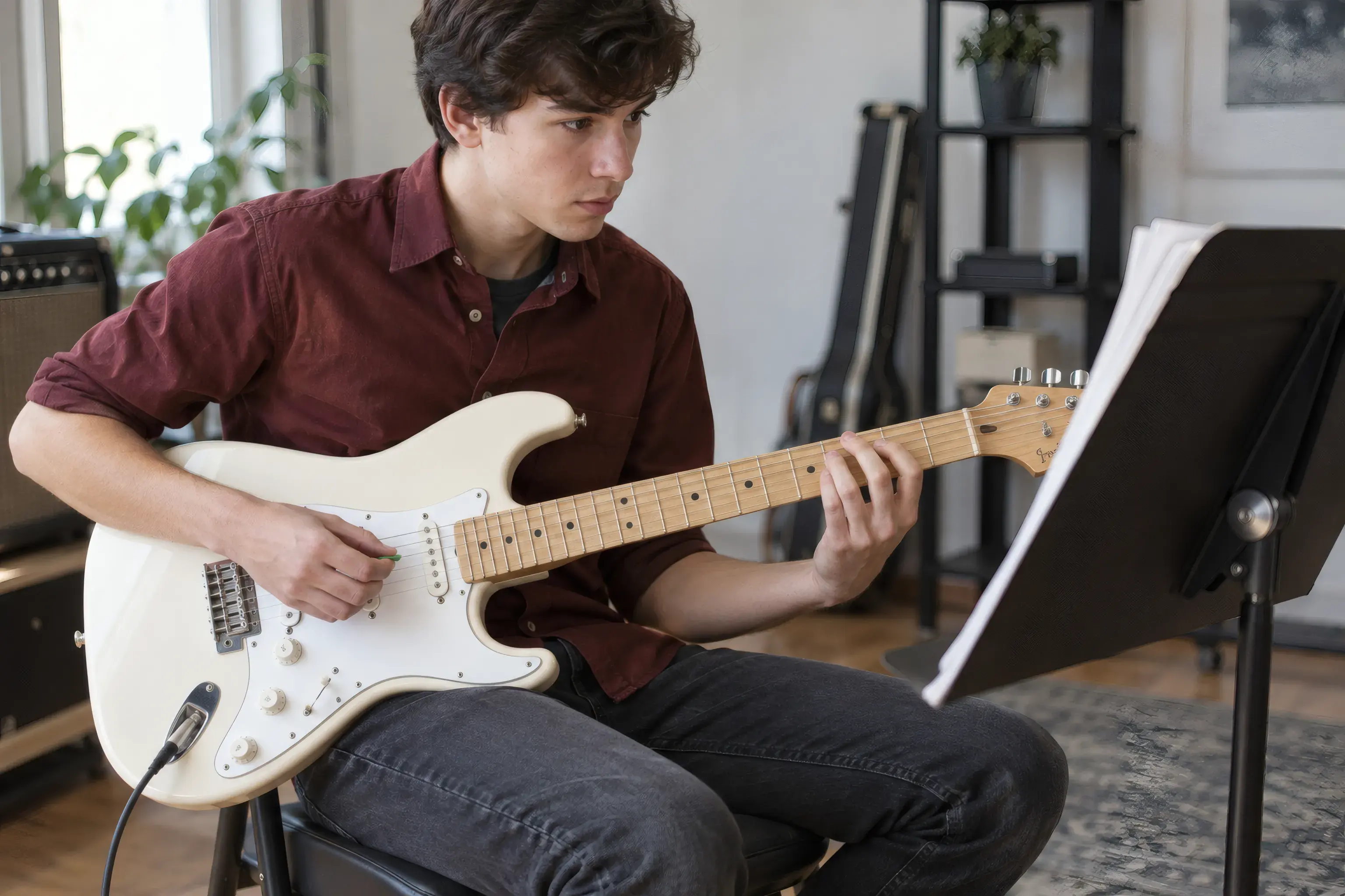 A guitarist practicing a riff while following a sheet on a music stand