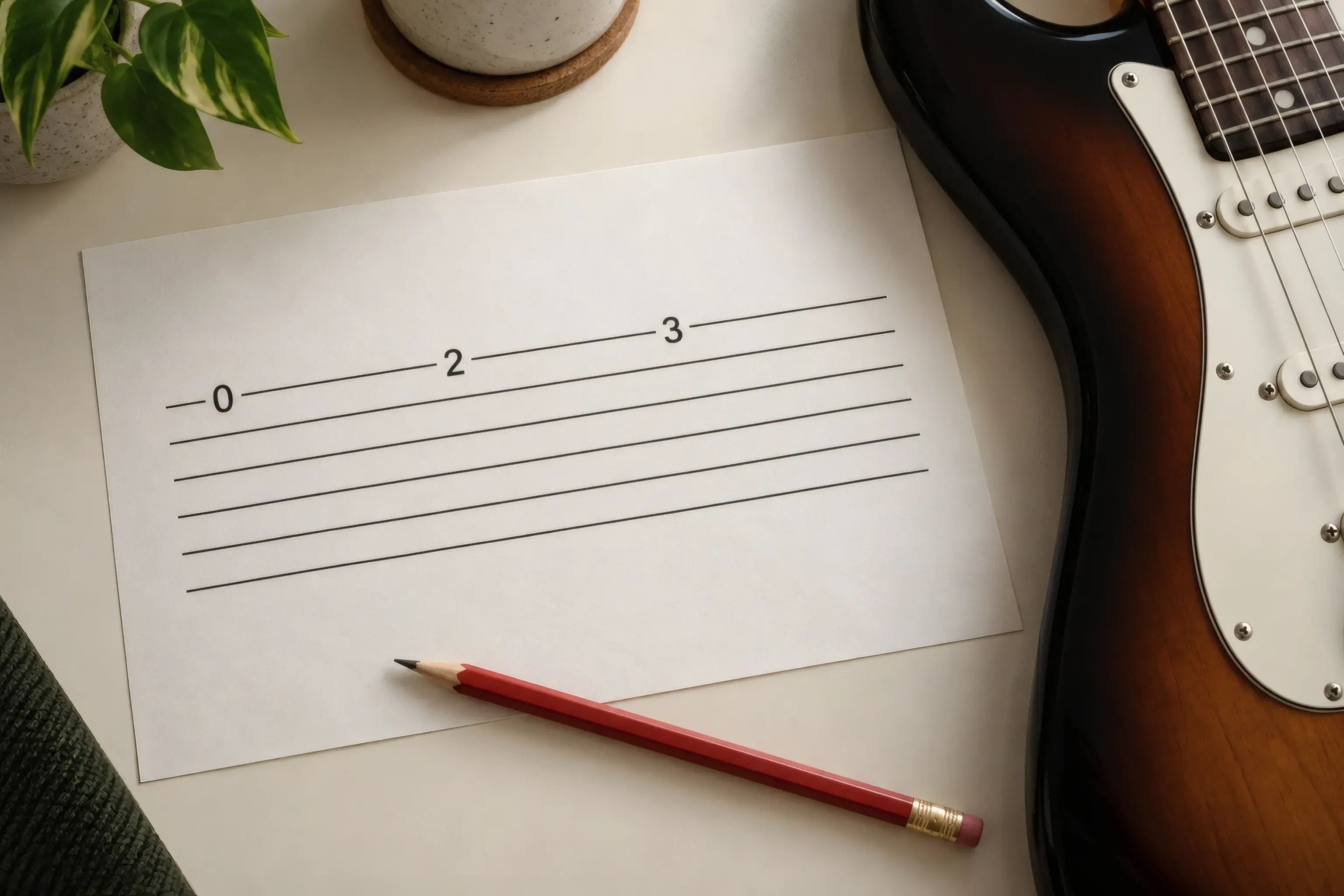 Simple six-line guitar tablature with fret numbers zero, two and three