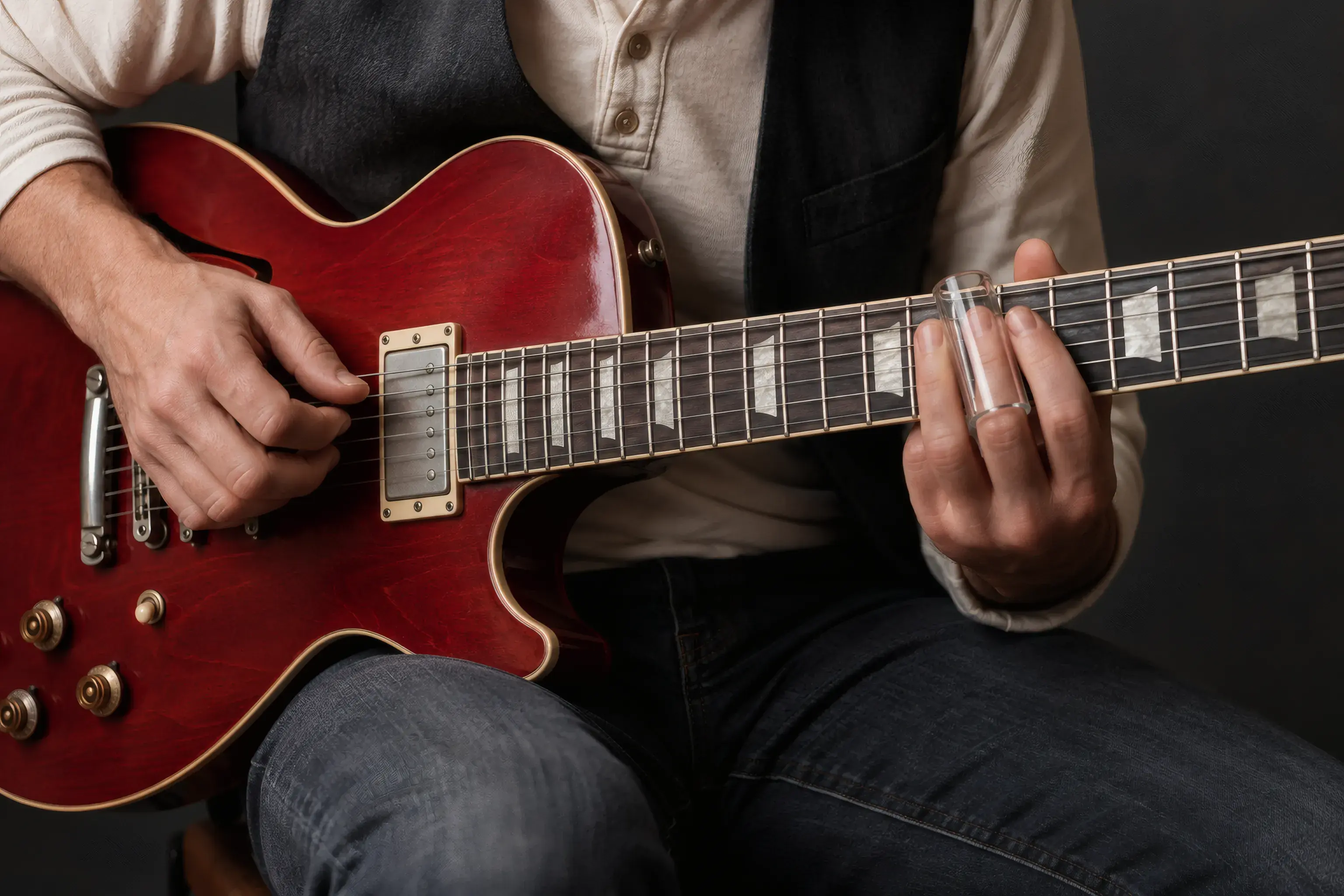 A seated guitarist practicing with a glass slide and fingerpicked strings
