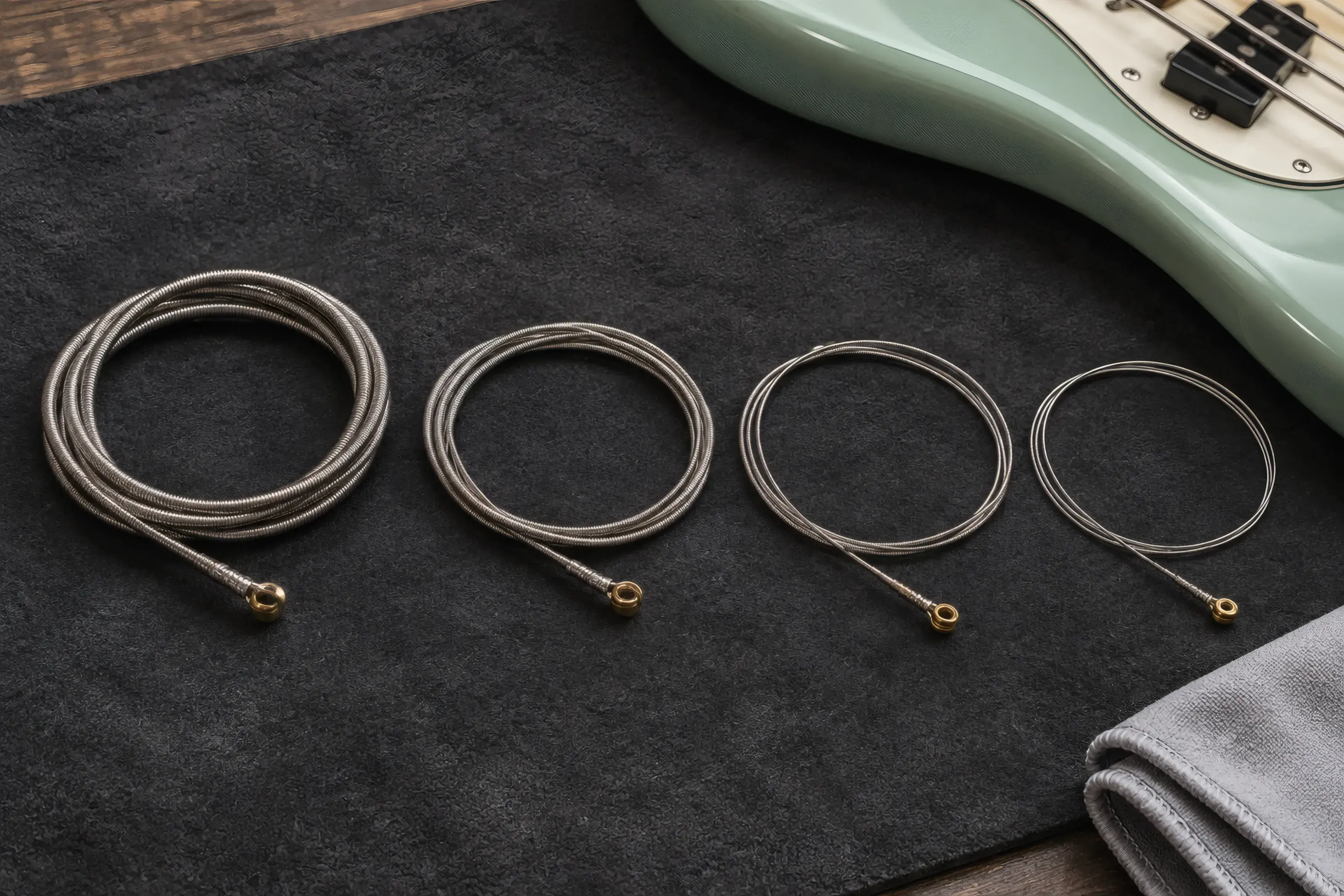 Four coiled roundwound bass strings arranged from thickest to thinnest beside a seafoam-green bass on a padded workbench