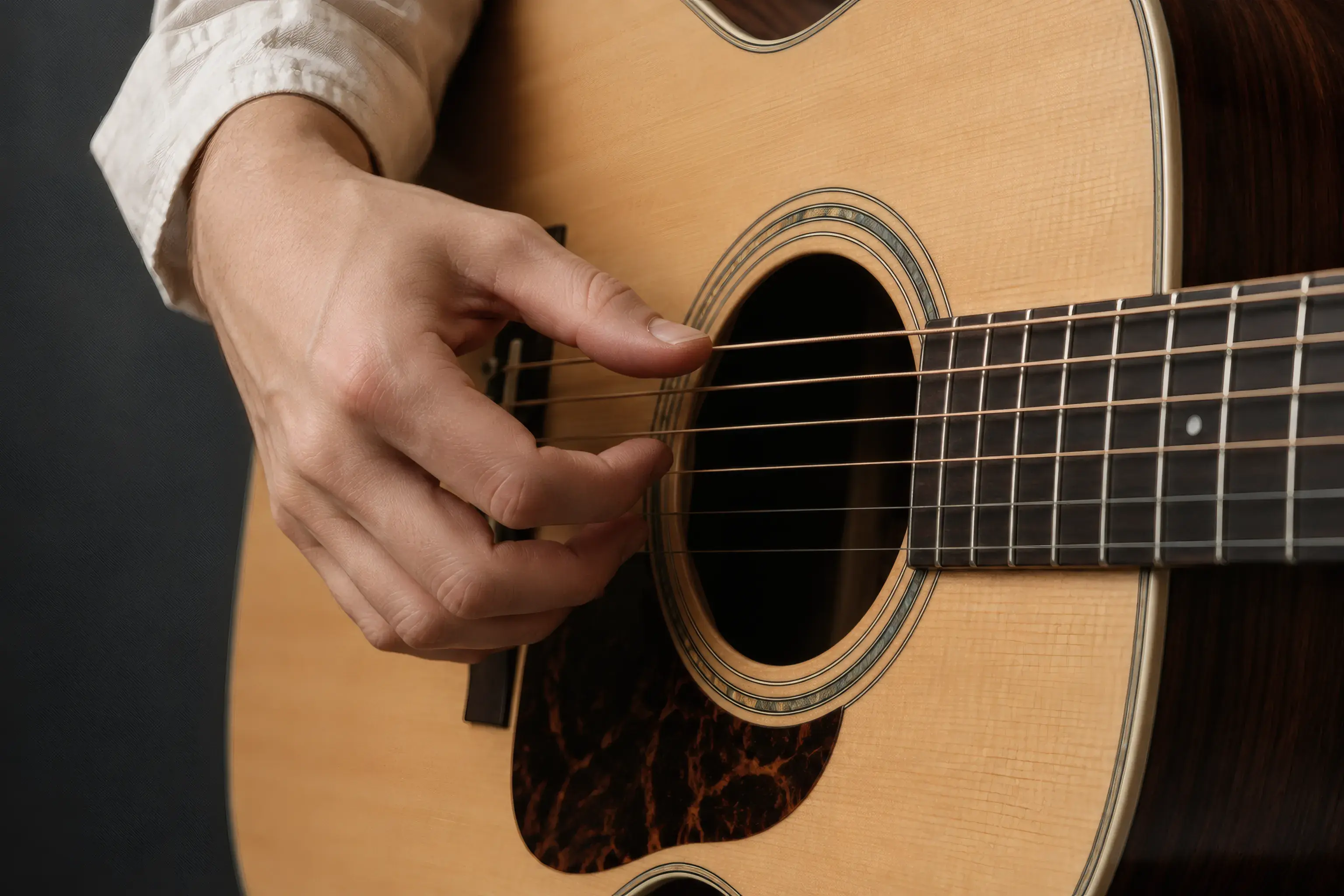 Relaxed fingerpicking hand over the strings of an acoustic guitar