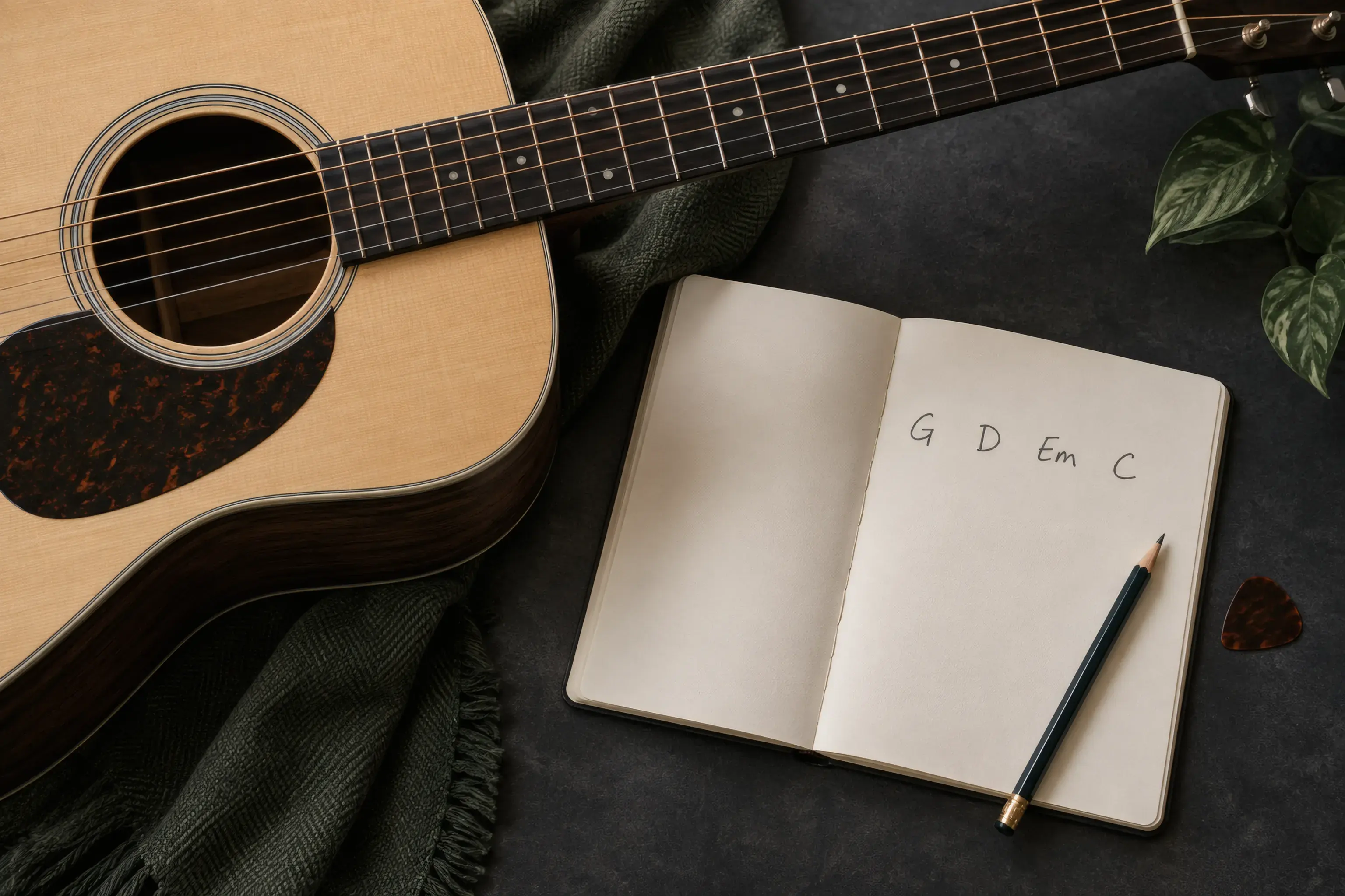 Songwriting notebook with G, D, Em and C beside an acoustic guitar
