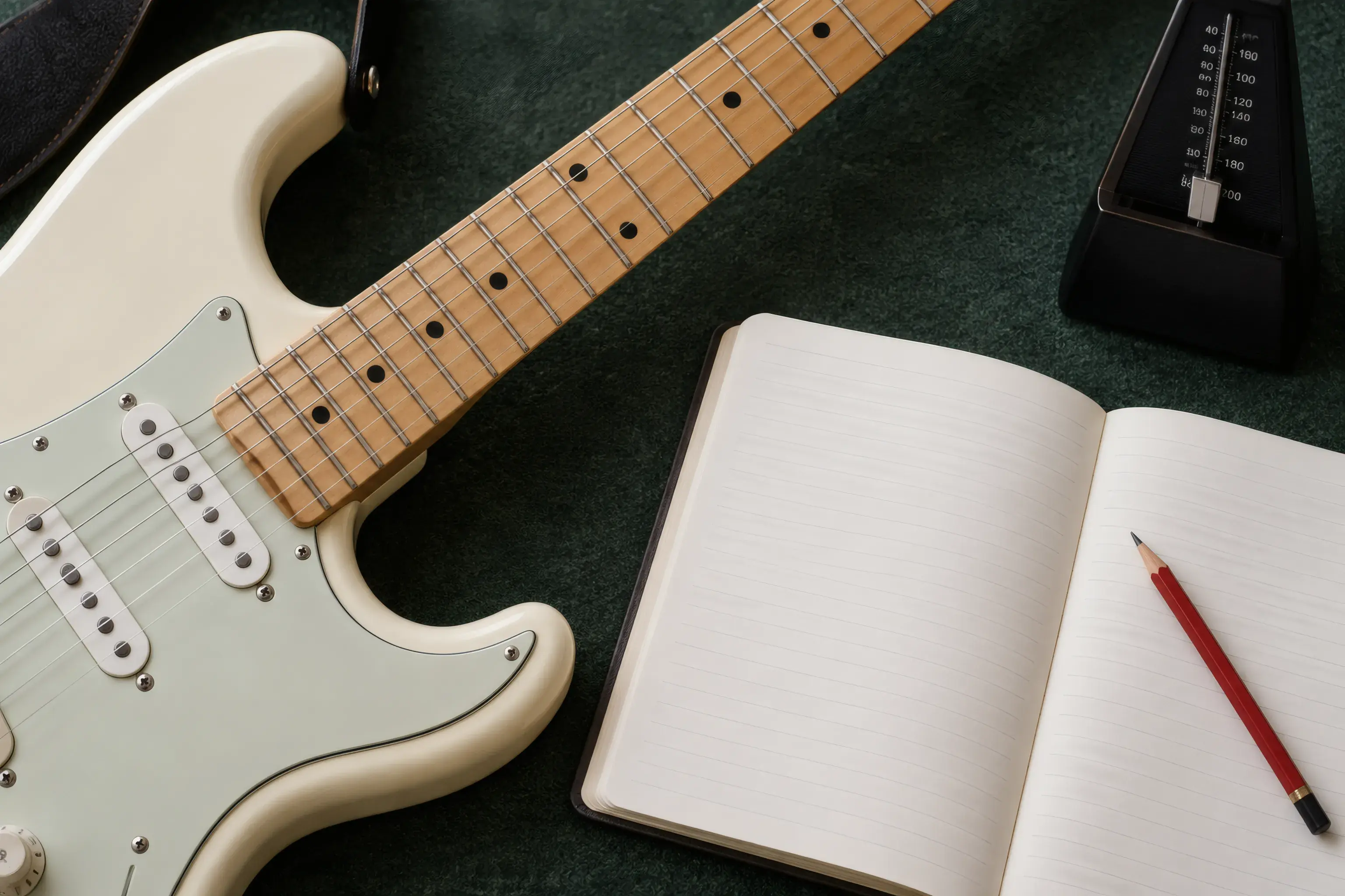 Guitar fretboard beside a notebook and metronome for note practice