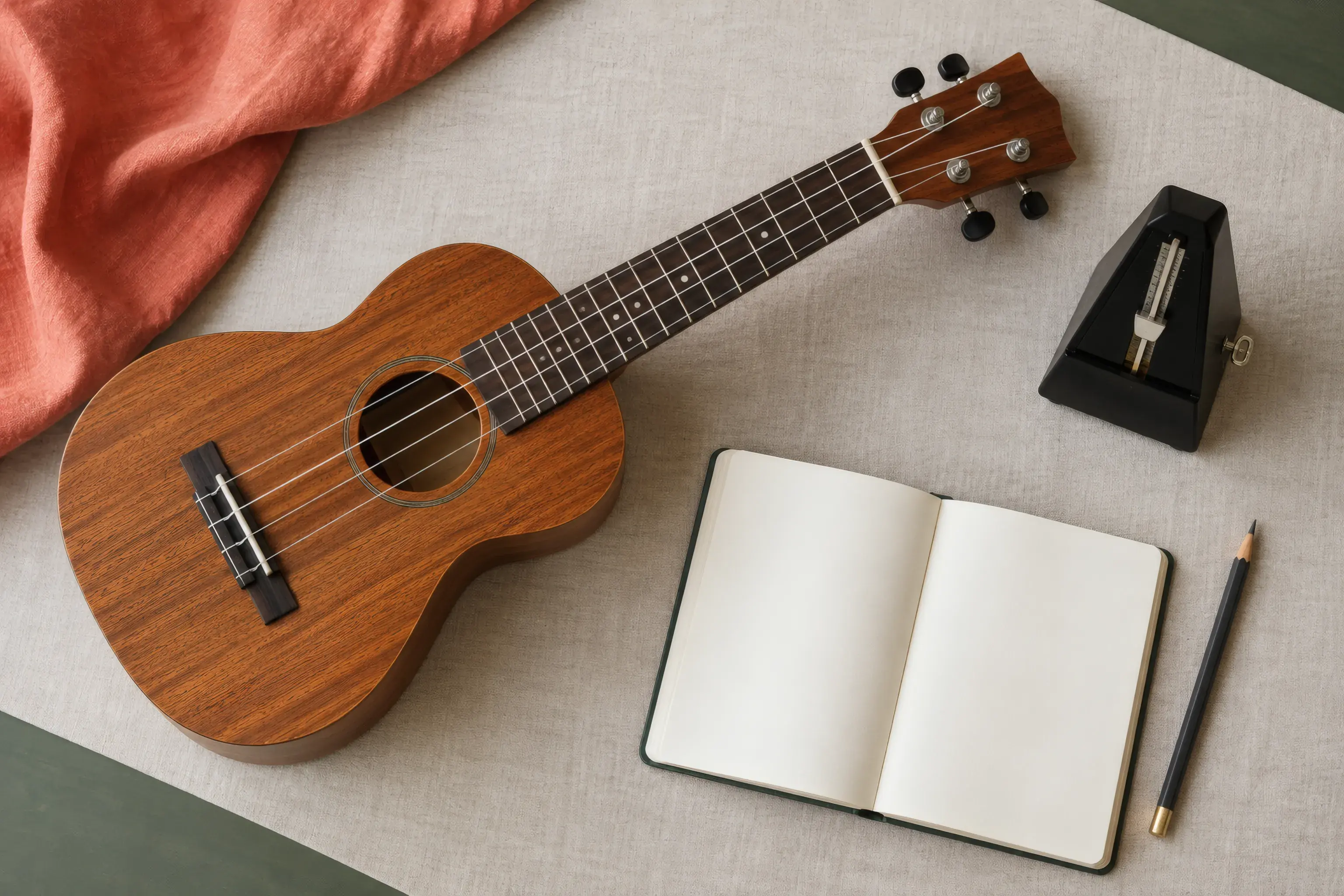 Ukulele, mechanical metronome and notebook ready for rhythm practice