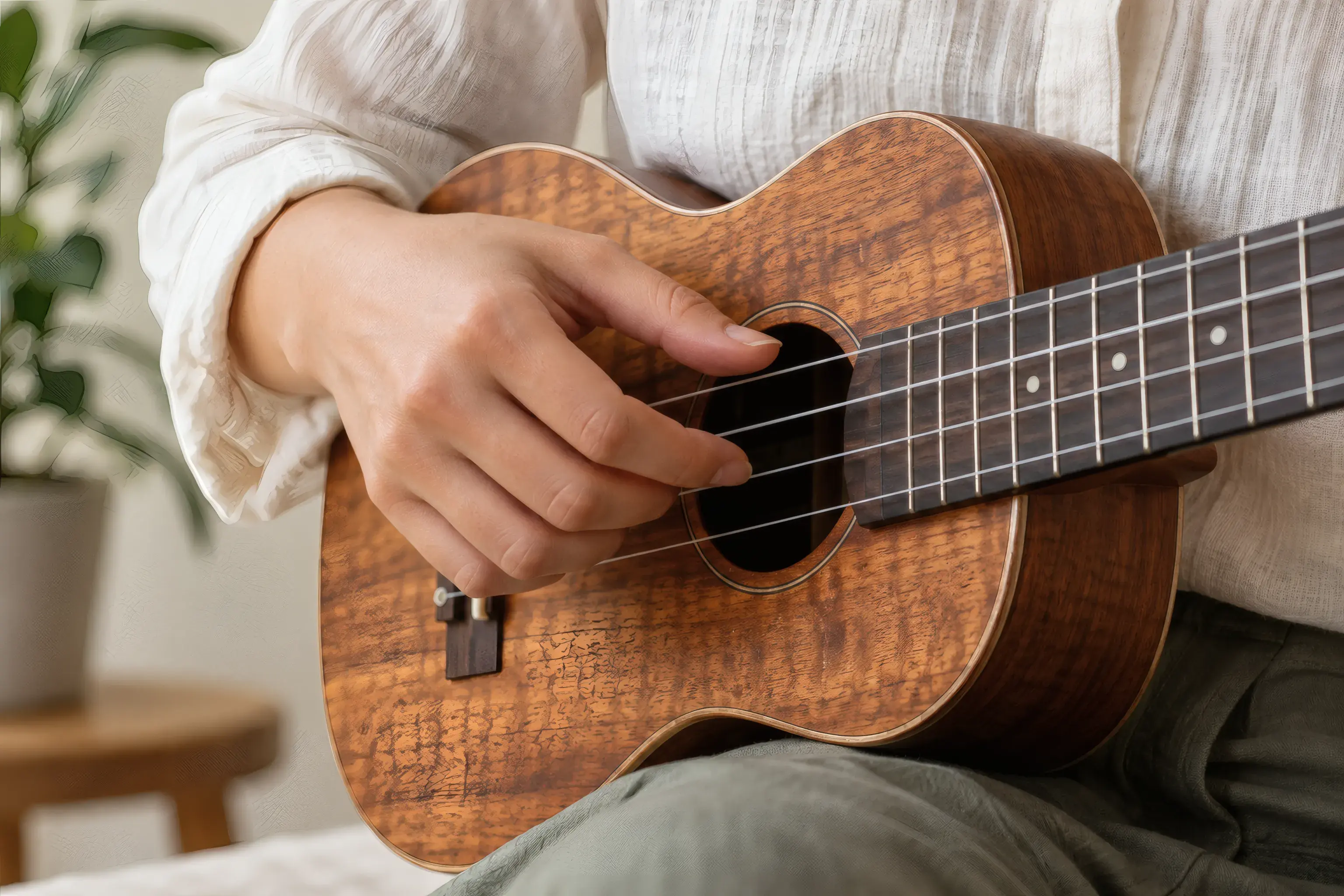 Relaxed index finger poised to strum four ukulele strings